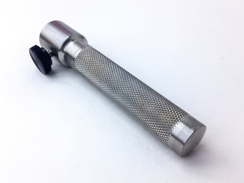 Leather stamp handle, reverse view showing the knurled grip and thumb screw